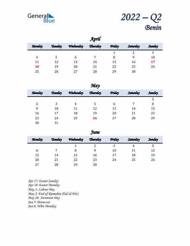 April, May, and June Calendar for Benin with Monday Start