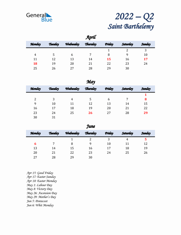 April, May, and June Calendar for Saint Barthelemy with Monday Start