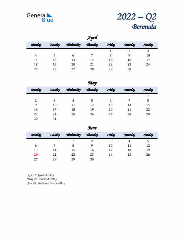 April, May, and June Calendar for Bermuda with Monday Start