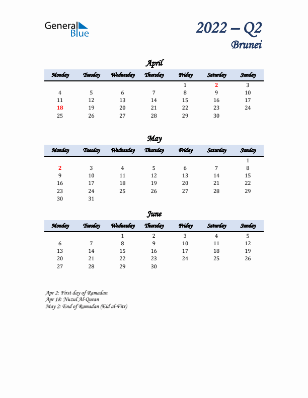 April, May, and June Calendar for Brunei with Monday Start