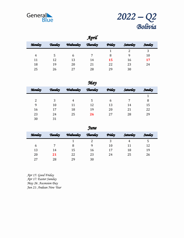 April, May, and June Calendar for Bolivia with Monday Start