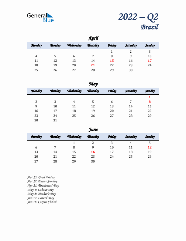 April, May, and June Calendar for Brazil with Monday Start