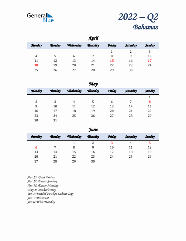 April, May, and June Calendar for Bahamas with Monday Start