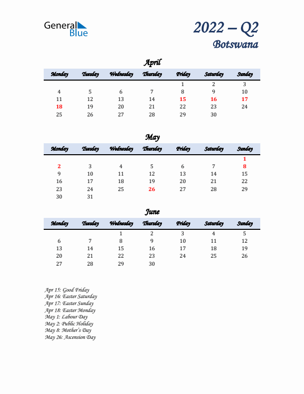 April, May, and June Calendar for Botswana with Monday Start