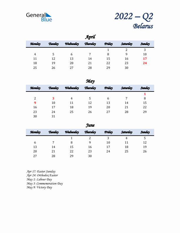 April, May, and June Calendar for Belarus with Monday Start