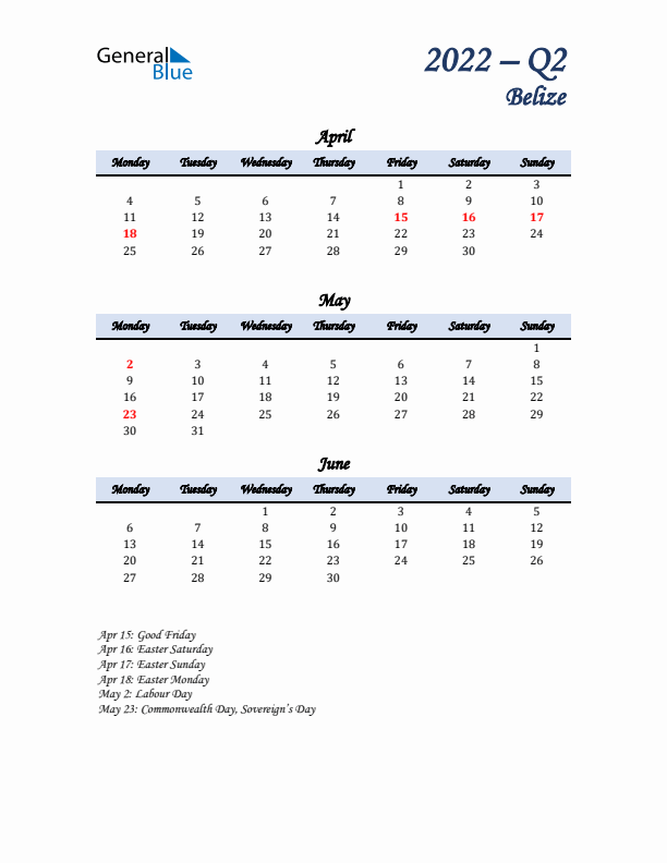 April, May, and June Calendar for Belize with Monday Start