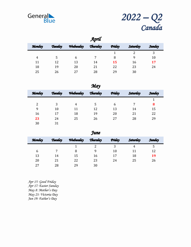 April, May, and June Calendar for Canada with Monday Start