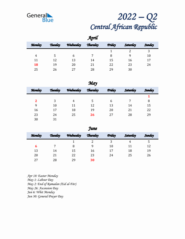 April, May, and June Calendar for Central African Republic with Monday Start