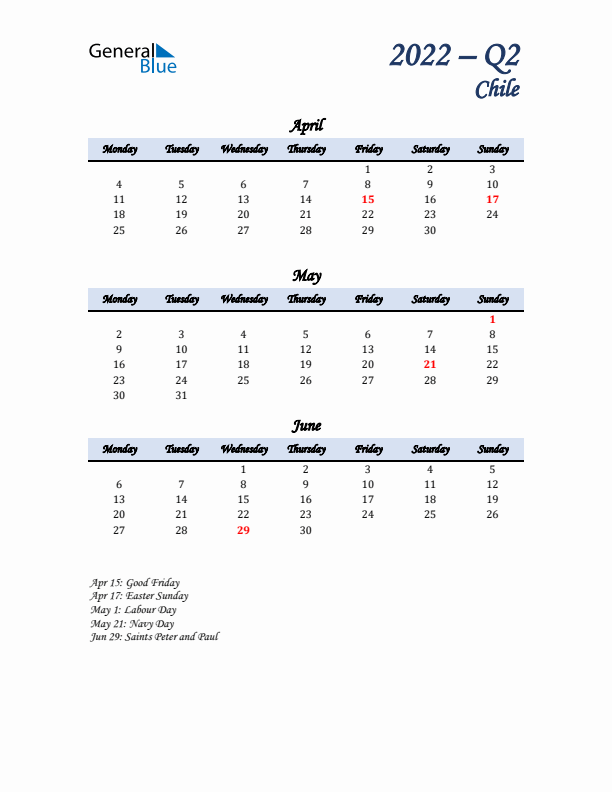 April, May, and June Calendar for Chile with Monday Start