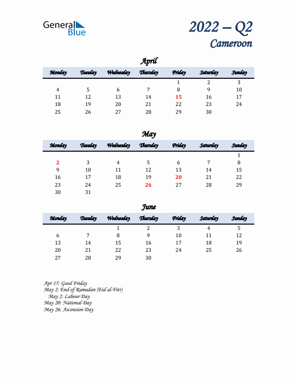 April, May, and June Calendar for Cameroon with Monday Start