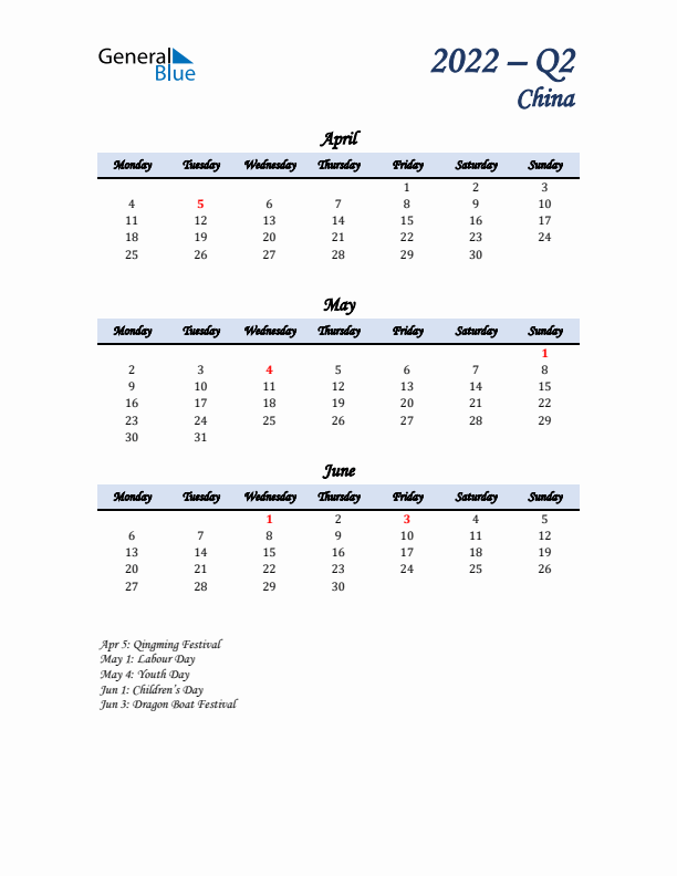 April, May, and June Calendar for China with Monday Start