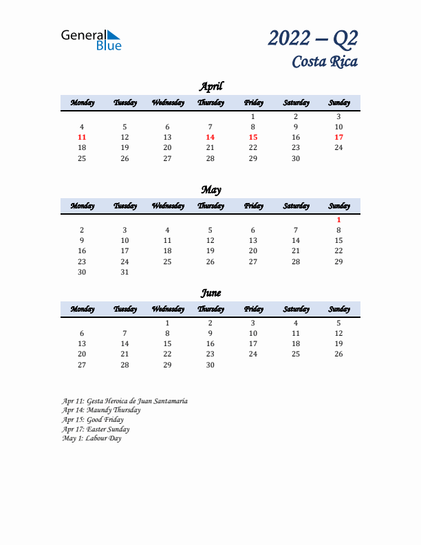 April, May, and June Calendar for Costa Rica with Monday Start