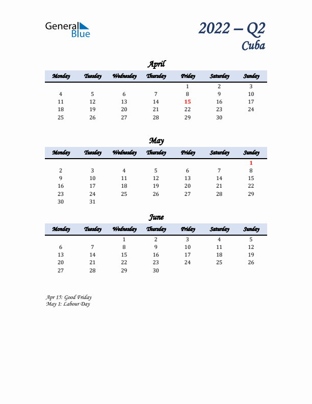 April, May, and June Calendar for Cuba with Monday Start