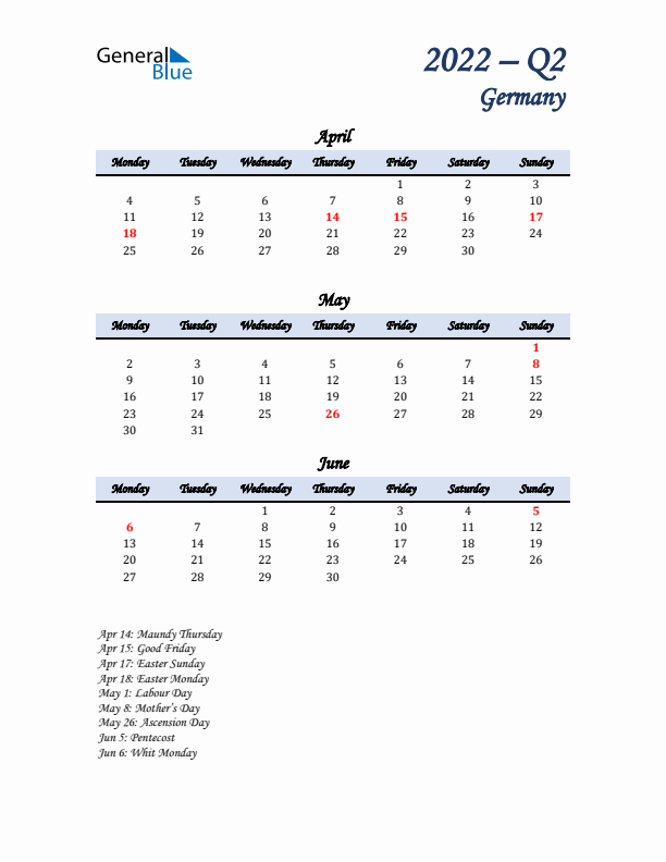 April, May, and June Calendar for Germany with Monday Start