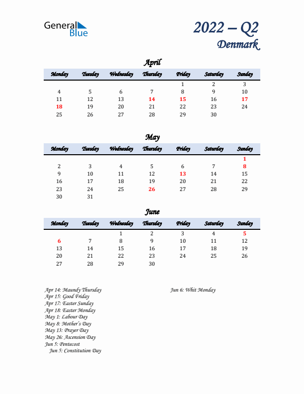 April, May, and June Calendar for Denmark with Monday Start