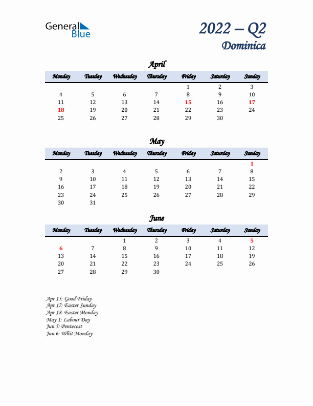 April, May, and June Calendar for Dominica with Monday Start