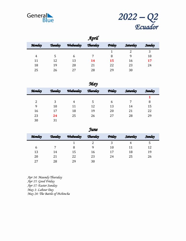 April, May, and June Calendar for Ecuador with Monday Start