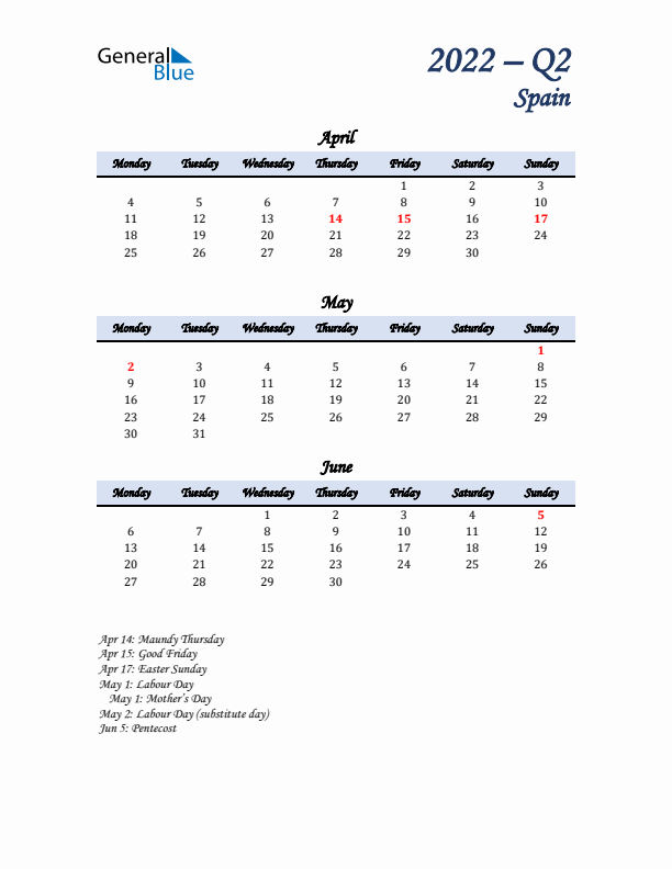 April, May, and June Calendar for Spain with Monday Start