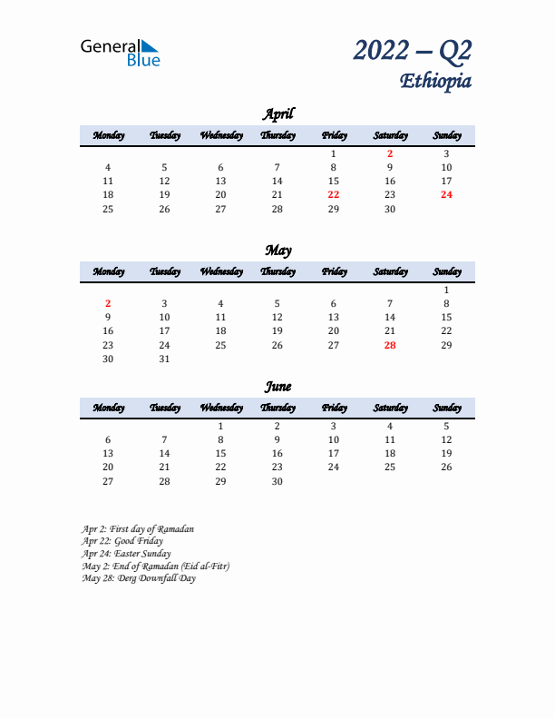 April, May, and June Calendar for Ethiopia with Monday Start