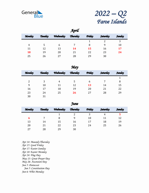 April, May, and June Calendar for Faroe Islands with Monday Start