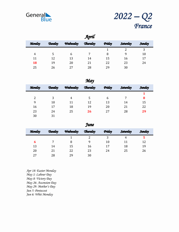 April, May, and June Calendar for France with Monday Start