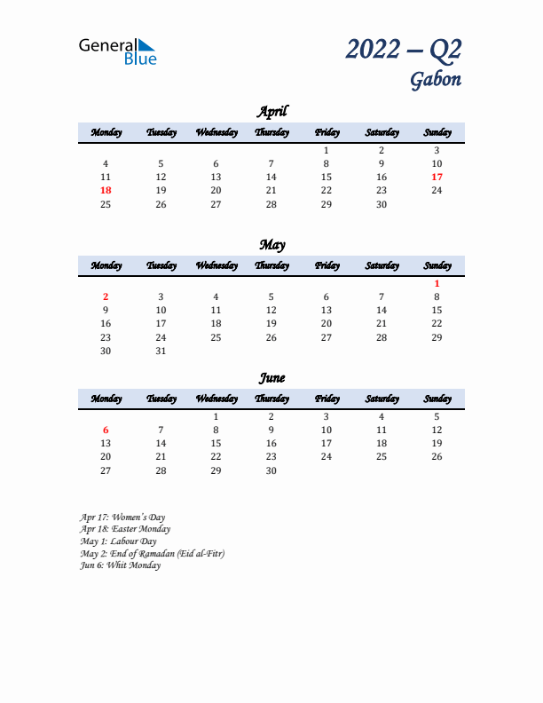 April, May, and June Calendar for Gabon with Monday Start