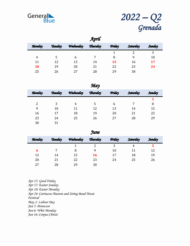 April, May, and June Calendar for Grenada with Monday Start