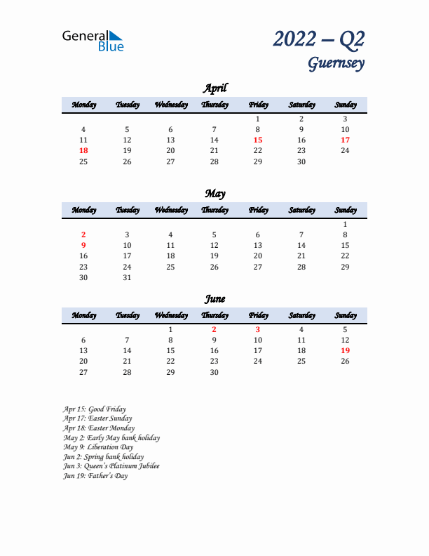 April, May, and June Calendar for Guernsey with Monday Start