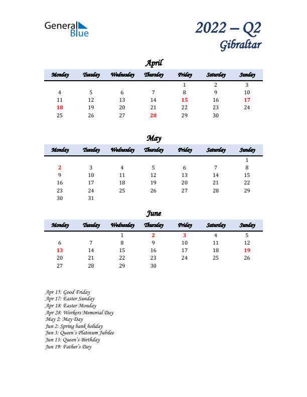 April, May, and June Calendar for Gibraltar with Monday Start