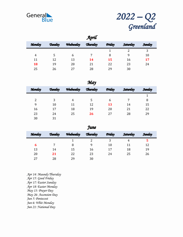 April, May, and June Calendar for Greenland with Monday Start