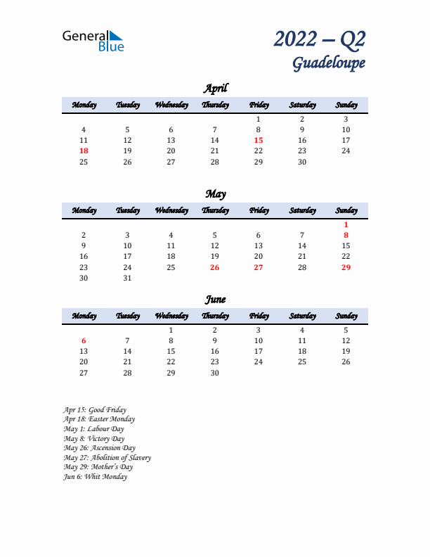 April, May, and June Calendar for Guadeloupe with Monday Start