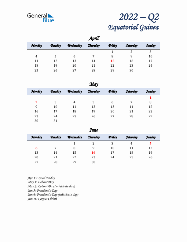 April, May, and June Calendar for Equatorial Guinea with Monday Start