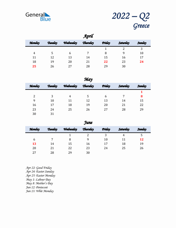 April, May, and June Calendar for Greece with Monday Start