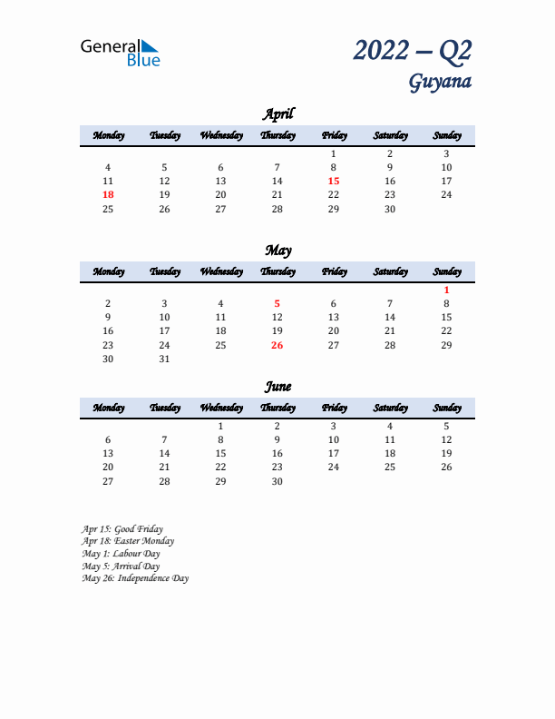 April, May, and June Calendar for Guyana with Monday Start