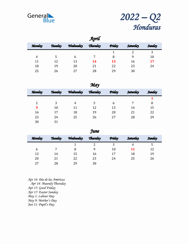 April, May, and June Calendar for Honduras with Monday Start