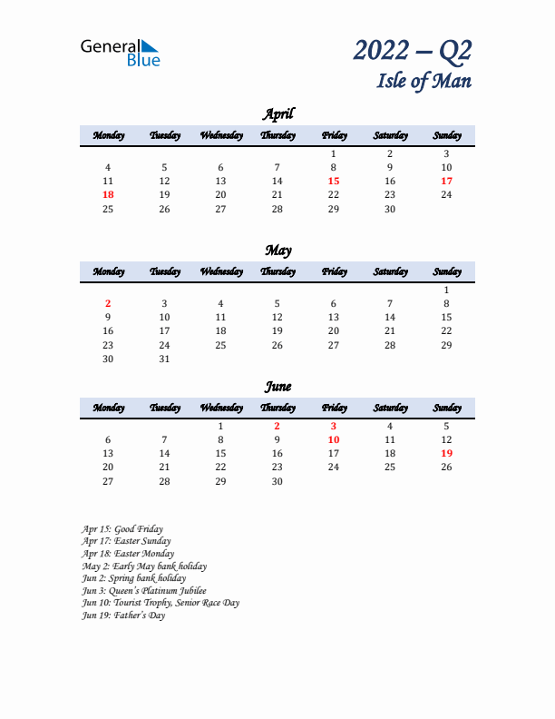 April, May, and June Calendar for Isle of Man with Monday Start