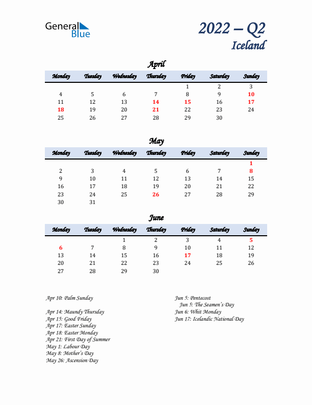 April, May, and June Calendar for Iceland with Monday Start