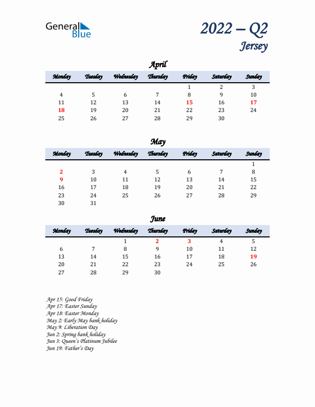 April, May, and June Calendar for Jersey with Monday Start