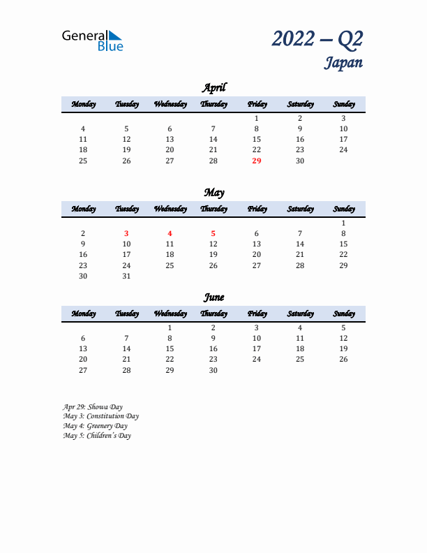 April, May, and June Calendar for Japan with Monday Start