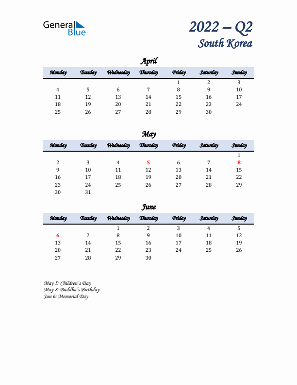 April, May, and June Calendar for South Korea with Monday Start