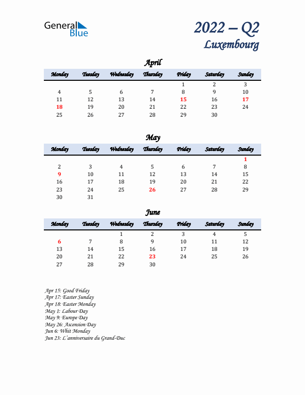 April, May, and June Calendar for Luxembourg with Monday Start