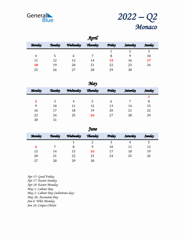 April, May, and June Calendar for Monaco with Monday Start