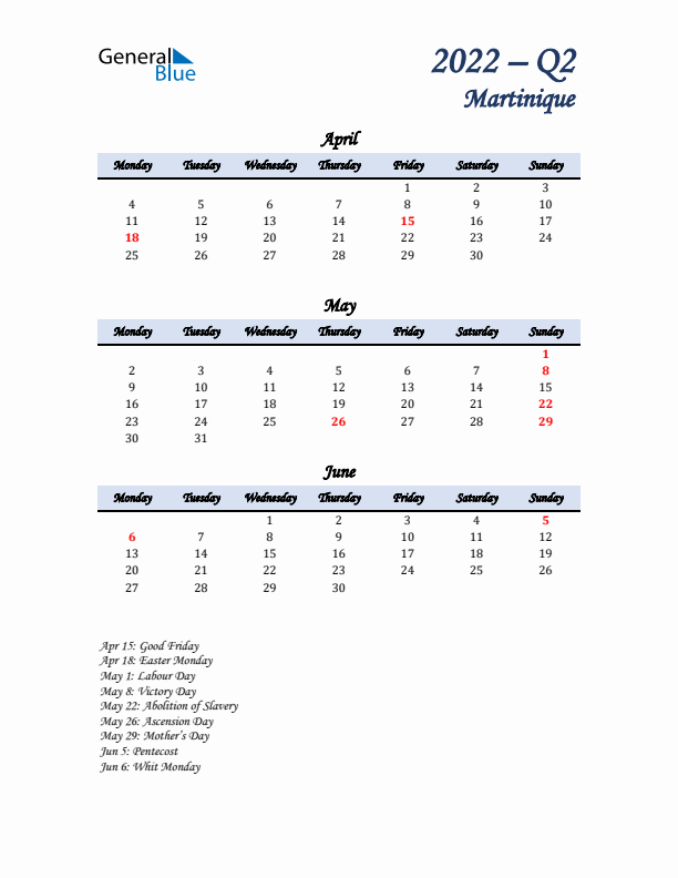 April, May, and June Calendar for Martinique with Monday Start