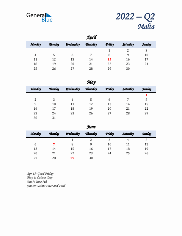 April, May, and June Calendar for Malta with Monday Start