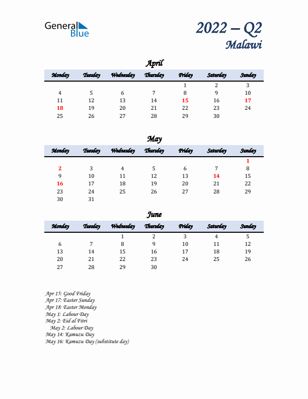 April, May, and June Calendar for Malawi with Monday Start