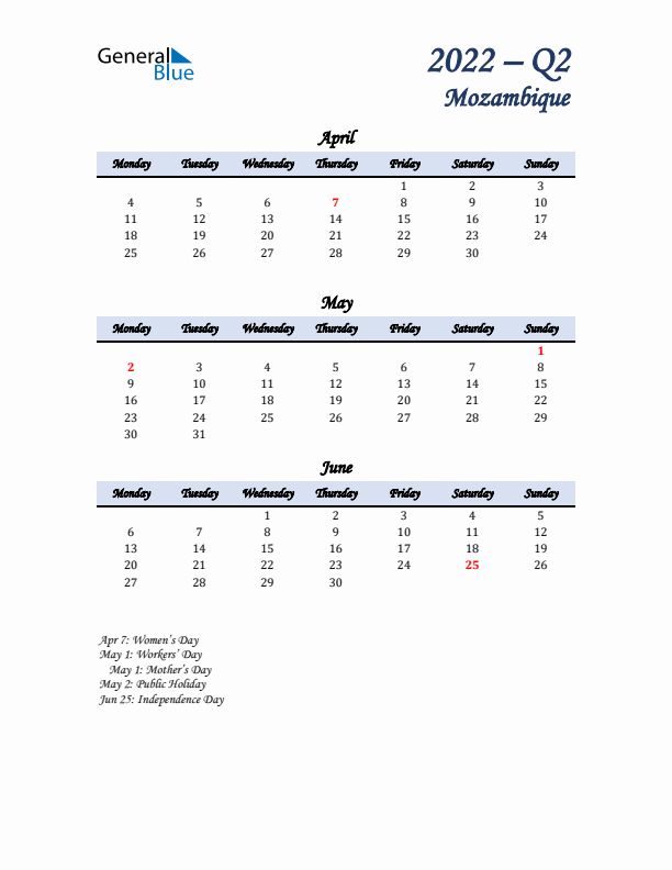 April, May, and June Calendar for Mozambique with Monday Start