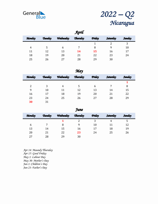 April, May, and June Calendar for Nicaragua with Monday Start