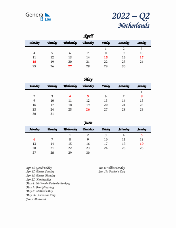 April, May, and June Calendar for The Netherlands with Monday Start