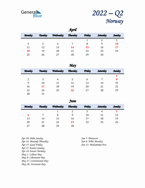 April, May, and June Calendar for Norway with Monday Start