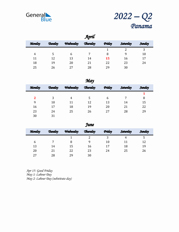 April, May, and June Calendar for Panama with Monday Start